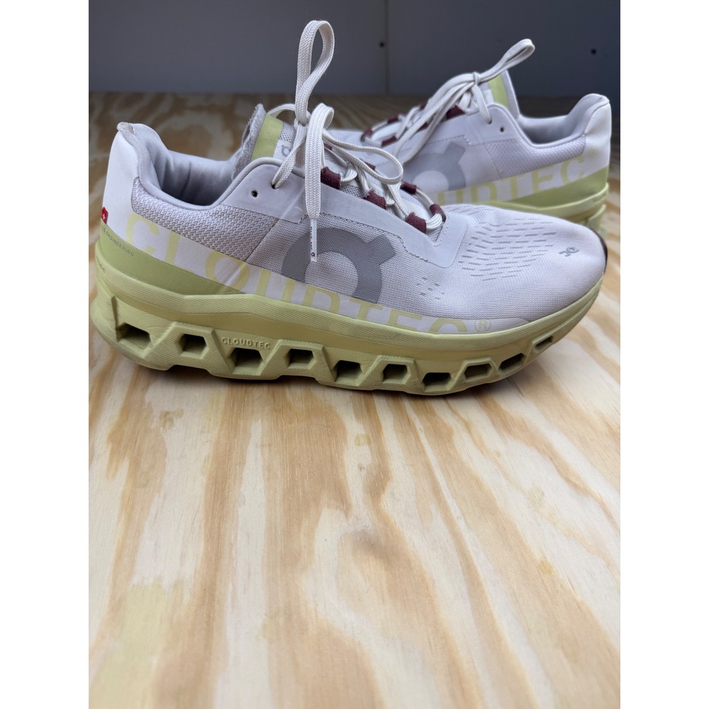 On Cloudmonster Running Shoes White Lime Green Burgundy CloudTec Sneakers